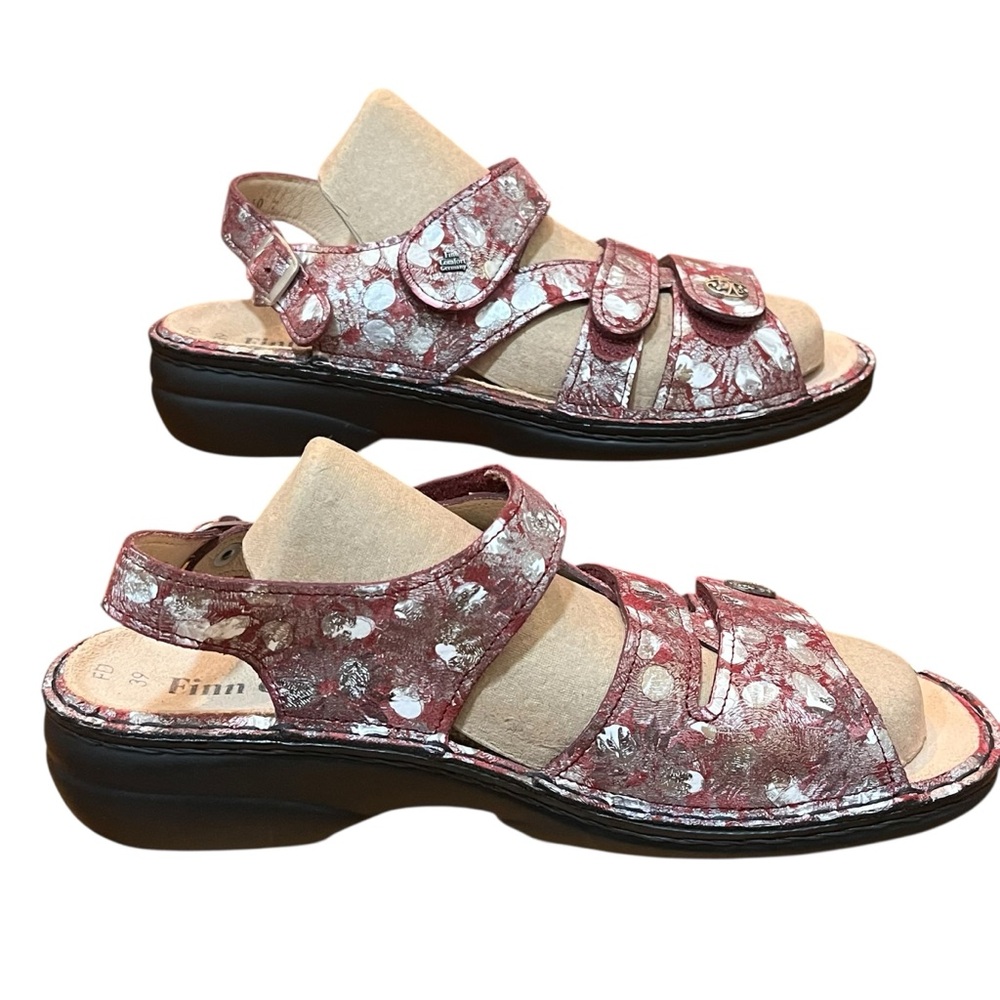 Finn Comfort Silver Floral Sandals Burgundy Arch Support Vacation Travel 39 - Picture 6 of 16